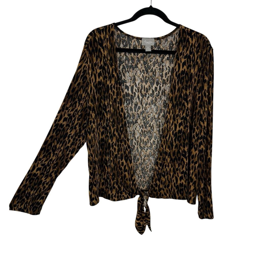 Chicos Travelers 3 Tie Waist Cardigan Brown Cheetah Animal Pattern Artsy Boxy